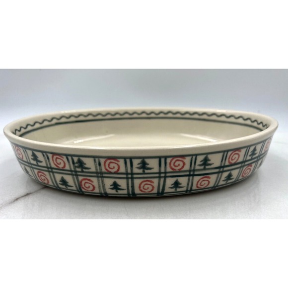 POLISH Pottery Oval Baker Casserole BOLESLAWIEC Swirls Trees Christmas